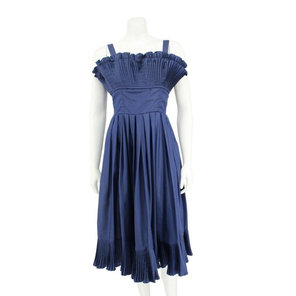Vintage 60s Blue Satin Crepe Ruffle Trim Pleated Midi Party Prom Dress Size 8